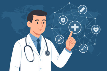 Doctor with stethoscope interacting with digital medical network interface, healthcare technology, global medicine, virtual health icons, telemedicine, innovation in modern healthcare system