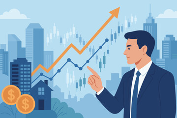 Real estate investment and stock trading concept. Businessman analyzing financial growth, rising graph, candlestick chart, money, banking, skyscrapers, urban cityscape. Modern flat vector illustration