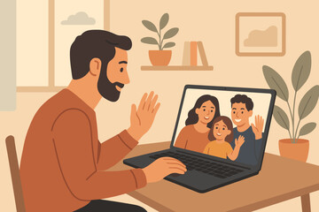 Family video call at home, father using laptop to connect with wife and children, online communication, remote connection, digital technology, love, emotion, virtual meeting, internet family bonding