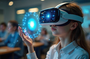 Schoolgirl wearing VR headset uses AI artificial intelligence technology machine learning in classroom. Holographic interactive tech innovation. Concept of future education with augmented reality.