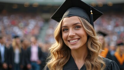 Happy graduate smiles proudly at ceremony in cap and gown. Celebratory moment on graduation day with family attendance. Young woman with white teeth at university commencement. Successful student.