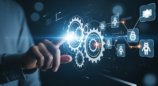 RPA (Robotic Process Automation) concept. Hand touches a gear icon on a holographic interface, activating an automated workflow with bots for business efficiency.