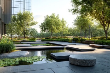 Modern garden with tranquil water and green landscaping features
