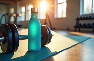 Dumbbell with water bottle on yoga mat in gym. Bright sun light interior. Healthy lifestyle fitness concept exercise, hydration, weight loss, strength. Sport equipment, training scene.