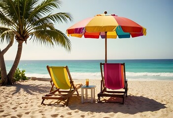 Beach Chairs under Umbrella on a Sunny Summer Day