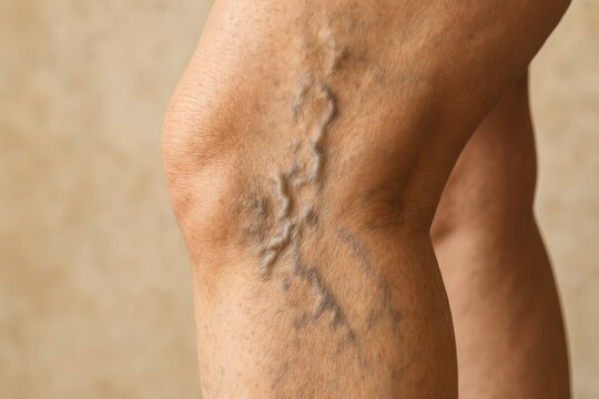 Close-up on a leg showing prominent varicose veins around the knee. Concept of: Vascular health.