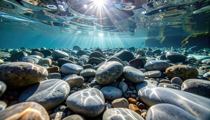 Underwater View Of River Rocks With Sunlight Shining Through Water Surface Creates Beautiful Reflections