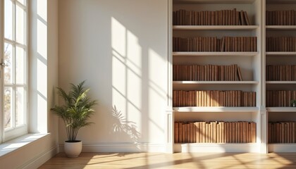 Sunlit elegant home library with window, bookshelves. Empty room background for zoom, virtual meeting. Sunny interior with books, plant, wooden floor. Cozy background for study.