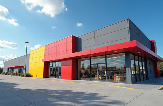 Modern supermarket building exterior against blue sky. Inviting facade, retail store showcases commercial architecture. Shopping, grocery store with vibrant colors, architectural design retail outlet.