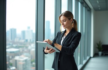 Confident businesswoman in elegant formal wear using modern tech. Caucasian female manager checks notifications on smartwatch with apps in office. Millennial pro using tablet in front of city view.