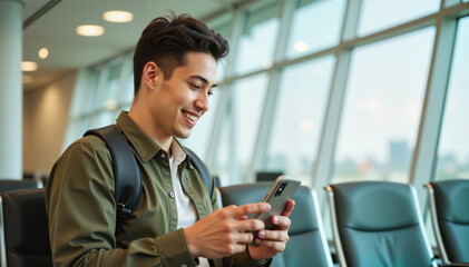 Smiling young Asian man texting on smartphone indoors at an airport lounge with large windows, travel and communication concept