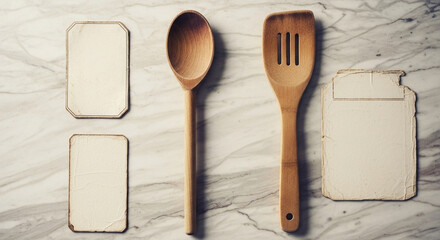 Overhead shot of wooden kitchen utensils and blank cards on a marble surface background flat lay style