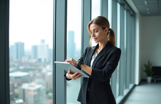 Confident businesswoman in elegant formal wear using modern tech. Caucasian female manager checks notifications on smartwatch with apps in office. Millennial pro using tablet in front of city view. - Powered by Adobe