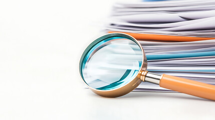 Close-up of a magnifying glass over stacked papers. Focus on details, research, review, and inspection. Symbol of analysis, due diligence, and accuracy.
