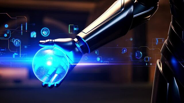 Robotic arm holds glowing blue orb amidst futuristic digital interface elements in dark setting on transparent background - Powered by Adobe