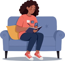 Woman with curly hair journaling on blue sofa with orange pillow and red sneakers 