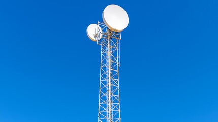 Communication Tower: A tall, white metal tower against a clear blue sky, equipped with multiple satellite dishes for telecommunications.