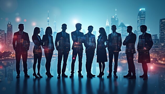 Silhouettes multinational business team standing in front of futuristic city skyline. Professionals teamwork. Corporate digital transformation concept. Group collaboration in smart city. Modern tech,