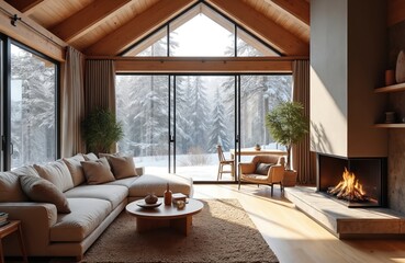 Fototapeta premium Cozy home interior with panoramic window overlooking snowy winter forest. Wooden chalet design, warm colors, fireplace create relaxing, comfortable vacation atmosphere. Modern, stylish, luxury living