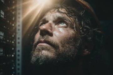 A system administrator evaluates server equipment with focused determination while a beam of light shines above, highlighting the effort required in tech support. Humor and resilience shine through