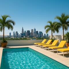 Fototapeta premium Luxury Rooftop Pool with City Skyline View: Modern Urban Oasis for Relaxation and Leisure, Featuring Contemporary Design and Stunning Architecture