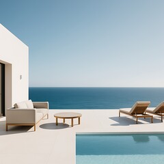 Fototapeta premium Luxury villa with ocean view, minimalist architecture, bright and airy. Modern outdoor furniture, poolside relaxation. Ideal for travel and real estate concepts.