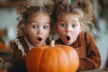 Two young girls with curly hair react with delight as they gaze at a large pumpkin placed on a table. The warm colors and soft focus create a nostalgic atmosphere, enhancing the romantic mood