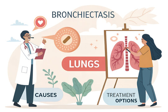 Bronchiectasis Awareness Illustration &ndash; Doctor Explains Lung Condition with Diagram and Treatment Info