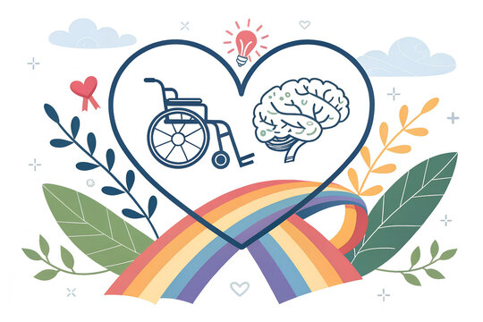 Holistic Inclusion Illustration – Heart, Wheelchair & Brain with Rainbow Ribbon for Disability & LGBTQ+ Awareness