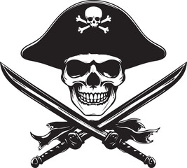 Pirate Skull with Crossed Swords Silhouette Vector Illustration on Transparent Background