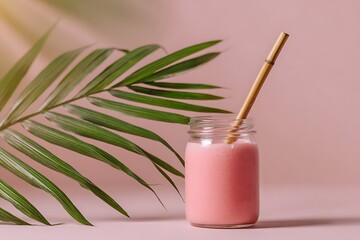 A pink smoothie in a glass jar includes a bamboo straw and a single palm leaf leaning against it. The background is soft and pastel, enhancing the health-focused aesthetic