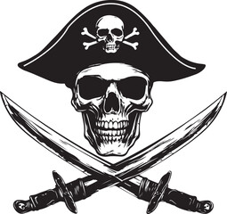 Pirate Skull with Crossed Swords Silhouette Vector Illustration on Transparent Background