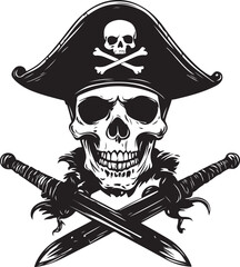 Pirate Skull with Crossed Swords Silhouette Vector Illustration on Transparent Background