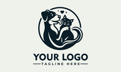 A loving dog and cat embrace inside a circular emblem, sharing affection.