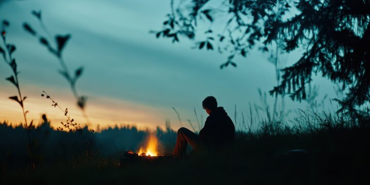 Finding Solitude by the Campfire at Dusk During an Evening in the Great Outdoors