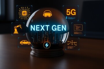 Next Gen Technology: Futuristic Vision of AI, 5G, Robotics, Electric Vehicles and Data Networks in a Crystal Ball - Innovation and Modernization Concept