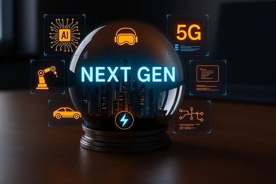 Next Gen Technology: Futuristic Vision of AI, 5G, Robotics, Electric Vehicles and Data Networks in a Crystal Ball - Innovation and Modernization Concept