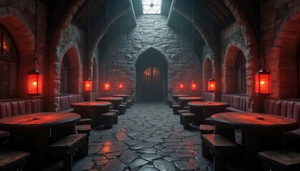 Gothic style pirate tavern interior with stone walls wooden tables red lanterns. Haunting mysterious atmosphere. Medieval design, maritime, rustic ambiance creates feeling of eerie, historic,