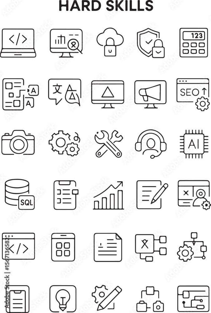 Poster collection of modern line art icons representing various hard skills including coding data analysis 
