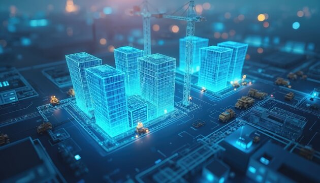Digital twin simulation construction project building models. Simulation software interface present with data analysis tools. Construction vehicles, cranes on site. Blue light digital image,