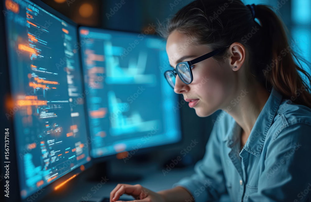 Poster young woman works with code on computer screens. programmer, developer specialist with glasses revie