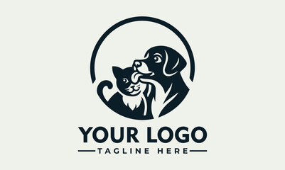 Friendly dog and cat logo design,  circular frame,  simple silhouette style.