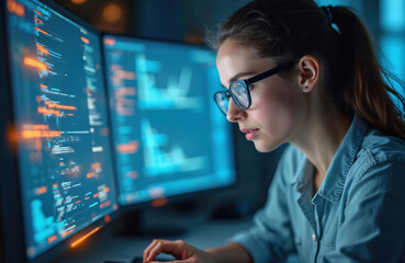 Young woman works with code on computer screens. Programmer, developer specialist with glasses reviews script, coding, business data. Digital security, cybersecurity, data analytics in office at