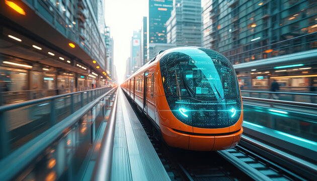 Futuristic orange train moves fast through urban cityscape. Digital displays and tech inside train. IoT, real time data analytics. Smart city, public transportation system, sustainable mobility.
