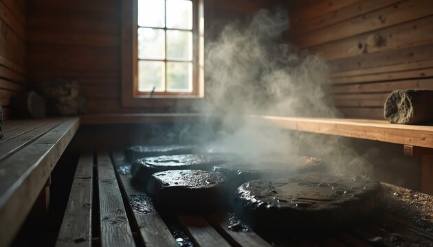 Sauna room with steam billowing from hot rocks. Wooden walls, benches, wet stones. Relaxation, spa, wellness concept. Healthy lifestyle, heat, smoke, steam, hot experience.