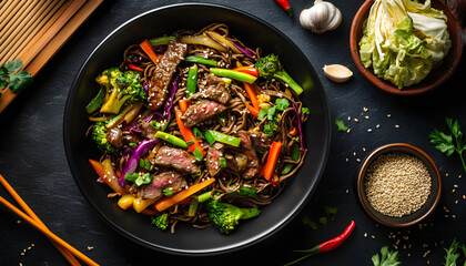 Soba noodles with beef, carrots, onions and sweet peppers. Top view