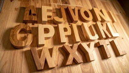 Wooden Letters Inlaid On Plywood Panel Creating Alphabetical Text With Brown Wood Texture and Shadow