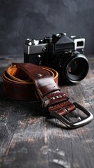 Worn Brown Leather Camera Strap With Metal Buckle Set Against Dark Wooden Background