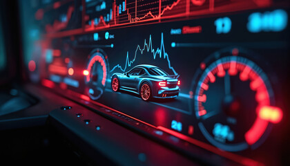 Dynamic dashboard displays multiple vehicles data metrics highlighting automotive performance. Technology innovation, car performance analysis, speed engine system control digital interface.