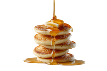 PNG Stack of fluffy pancakes with butter and maple syrup drizzle